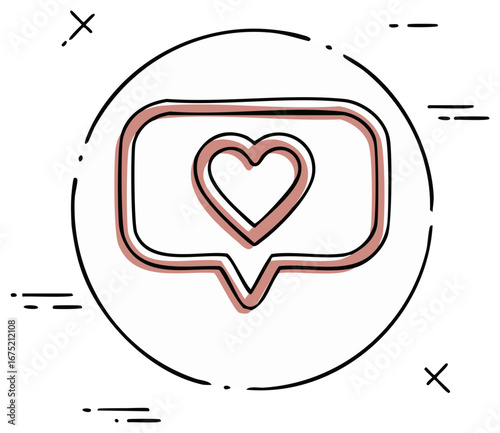 Hand-drawn heart in a speech bubble inside a circle symbol, love and social media concept.