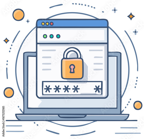 Laptop computer screen with padlock and password for secure online access, data protection