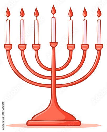 Illustration of a Seven Branch Candelabra Lit with Glowing Flames Symbolic of Celebration and Light with Warm Red Tone