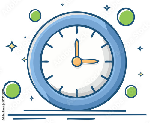 Simple blue clock with green circles and sparkling stars symbolizing time and efficiency