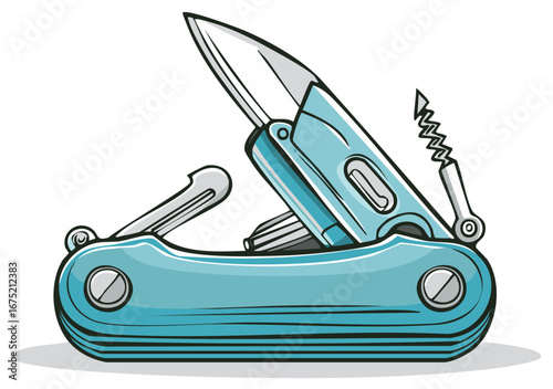 Light Blue Multi Tool Pocket Knife with Open Blade and Corkscrew Illustration