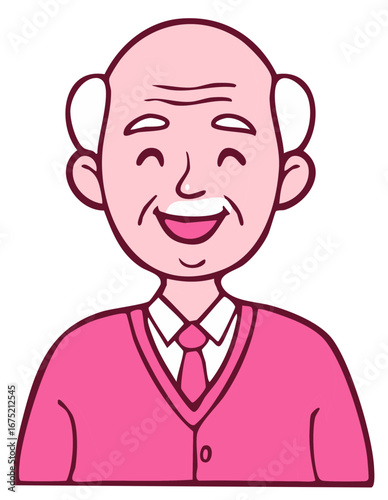 Joyful elderly man with bald head and side hair wearing a pink cardigan and tie