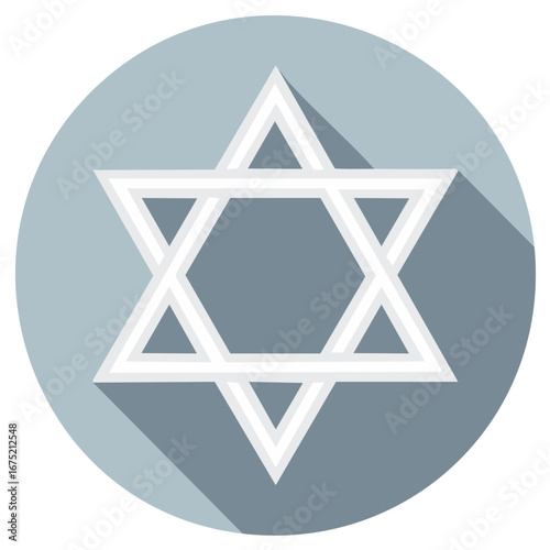 Clean geometric star of David symbol with shadow on a circular background representing Judaism faith and culture