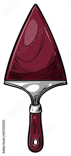 Illustration of a pointed trowel with a maroon blade and wooden handle