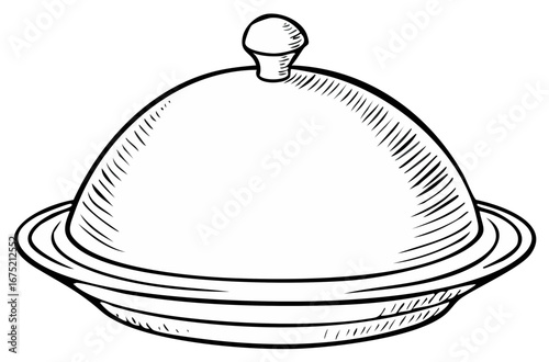 Cloche or Food Cover Plate in Black and White Engraving Style