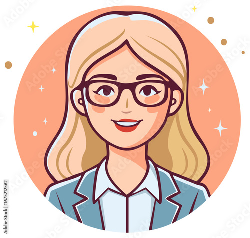 Blond woman with glasses and business suit smiles in modern cartoon avatar with sparkling and elegant design elements for professional appearance