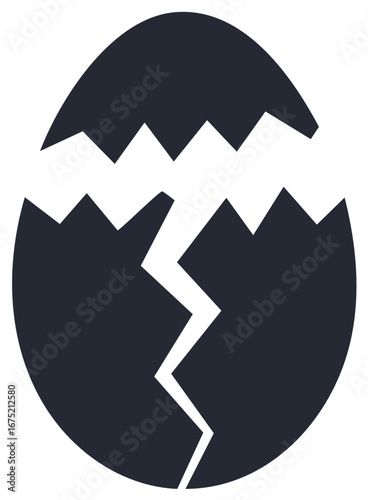 Dark graphic cracked eggshell illustration representing hatching or breakage concept