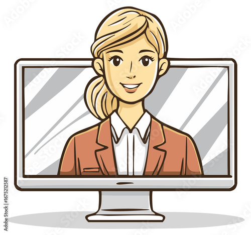 Cartoon Woman in Business Attire on a Computer Monitor, Video Call Illustration