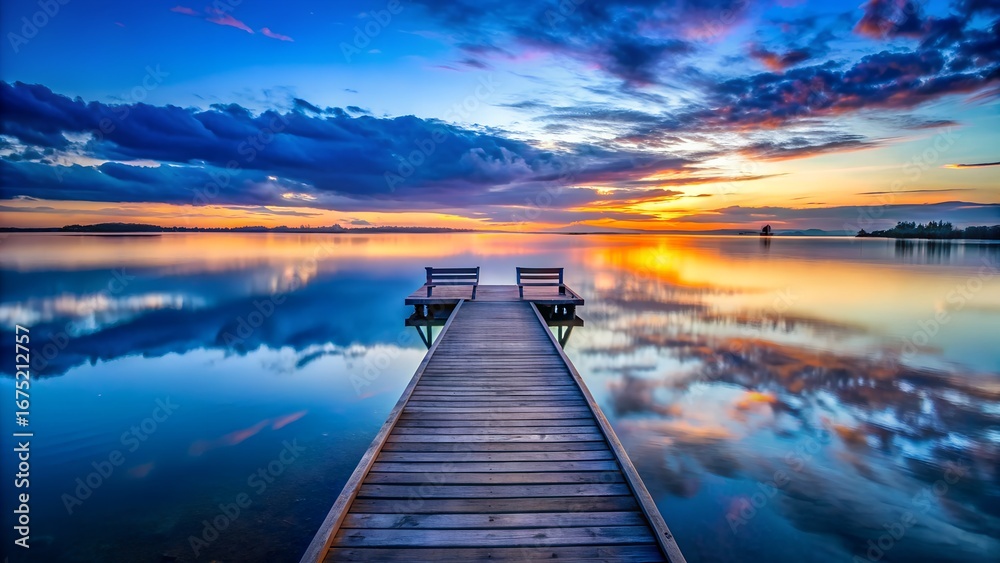 Fototapeta premium Wooden Pier Leading to a Calm Lake at Sunset with Stunning Colorful Evening Sky