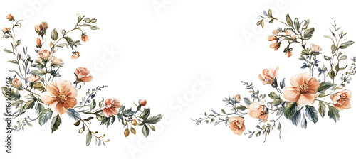 Floral design with peach colored roses and green leaves for wedding invitations and cards design  | png cutout isolated on transparent backddrop