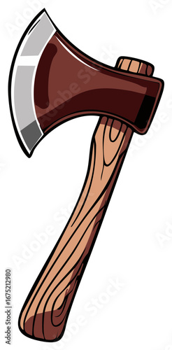 Sharp medieval battle axe with wooden handle and steel blade, cartoon style