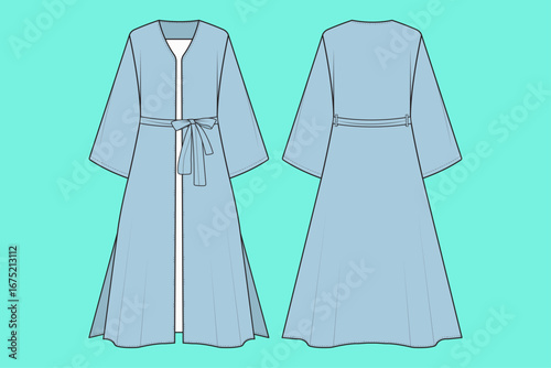 Women's Long Stylish Abaya Borka Gown Fashion Technical Drawing Flat Sketch Vector Illustration Template.