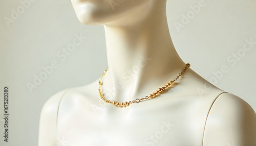 Simple gold chain necklace on a mannequin with soft lighting, 4K and HD 