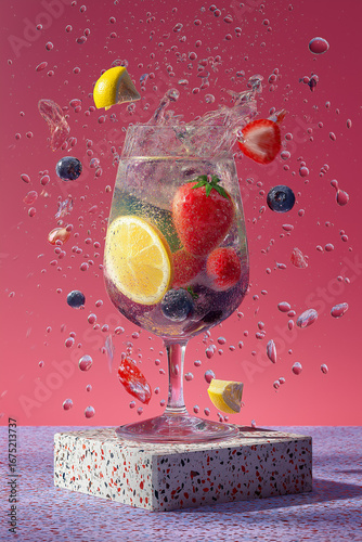 A powerful, full HD image of a conceptual beverage with a lemon slice, a strawberry, and blueberries seemingly frozen in mid-air above the glass, with a cascade of colorful, suspended droplets falling