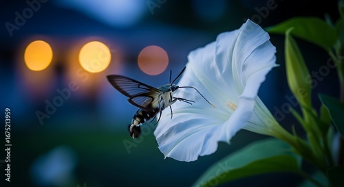 Hummingbird moth gracefully approaches moonflower in twilight garden