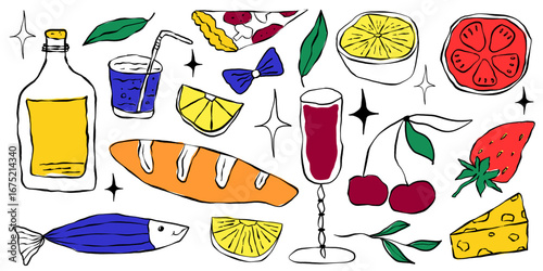 Amalfi whimsical food set with pizza, pasta and fruit sketch. Playful whimsical graphic with lemon and cocktail.  Vector illustration
