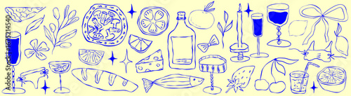 Amalfi italian sketch food blue color. Mediterranean sketch food lemon with pizza and pasta trendy style. Amalfi italy outline italian doodle design.