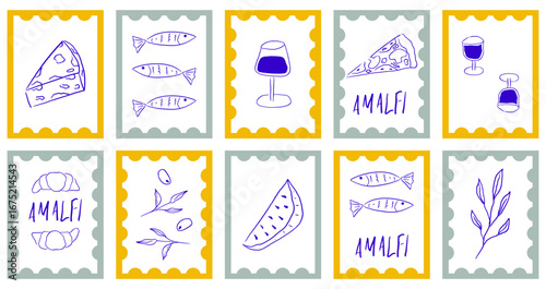 Mediterranean poster set with fish and food. Italy coastal summer poster with Mediterranean food element in sketch hand drawn style