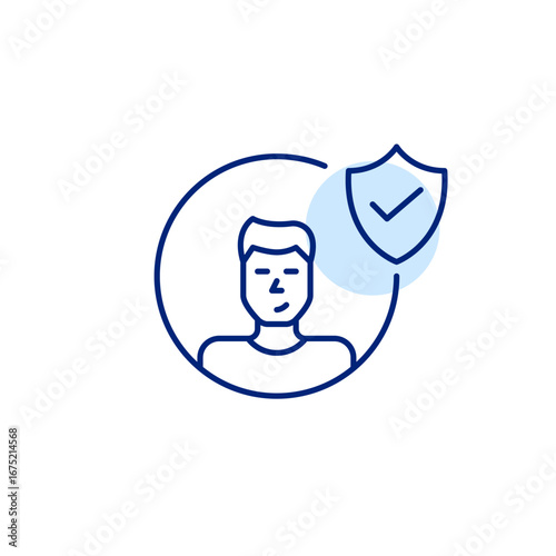 Certified membership, safe data access, authenticated profile. User avatar, shield and checkmark. Pixel perfect, editable stroke vector icon