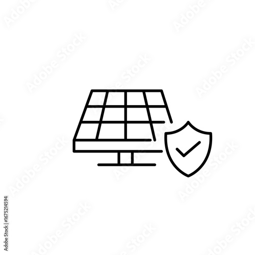 Energy compliance certified, protected solar investment, reliable green technology, quality-assured solar panel, eco-friendly system verification. Pixel perfect, editable stroke vector icon
