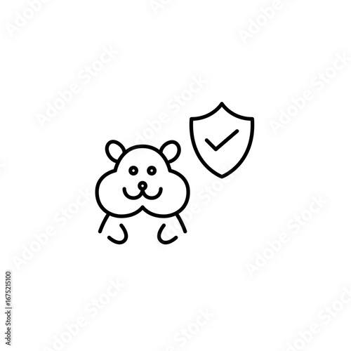 Verified pet safety, certified products and services. Hamster, shield and checkmark. Pixel perfect, editable stroke vector icon