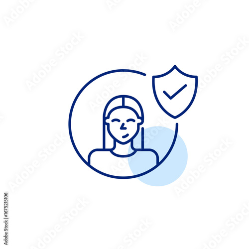 Certified membership, safe data access, authenticated profile. Female user avatar, shield and checkmark. Pixel perfect, editable stroke vector icon