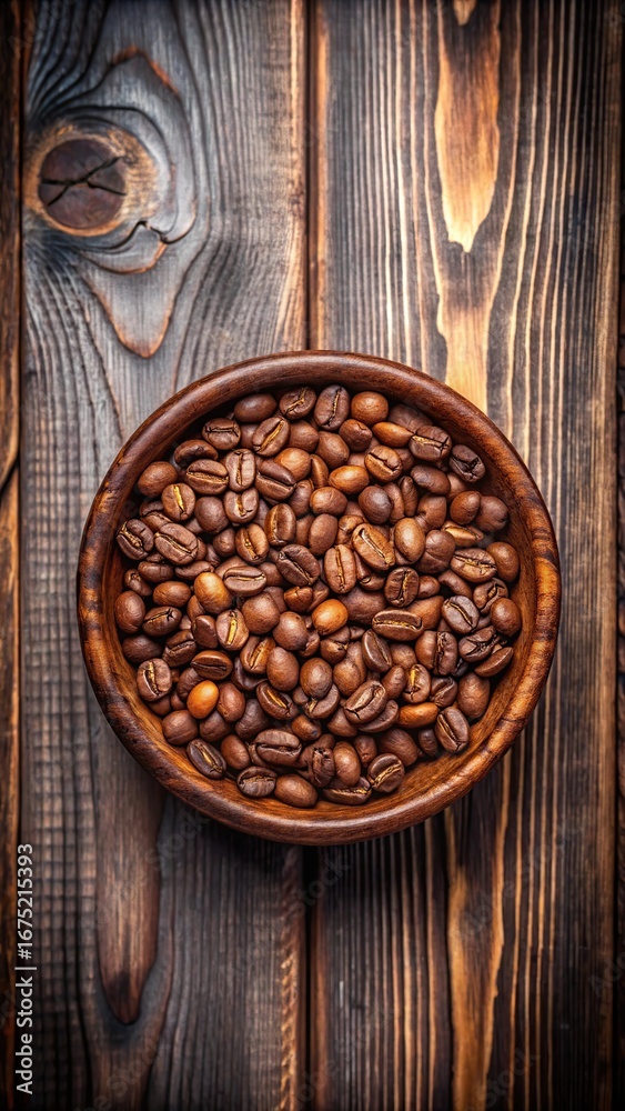 Fototapeta premium Oval bowl filled with roasted coffee beans on rustic wooden table
