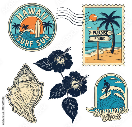 Summer ocean print, tropical sea set, vector hand drawn coastal blue post stamp beach sign design. Hawaii surf sun logotype, shell silhouette, exotic nature plant vintage sticker. Travel summer print