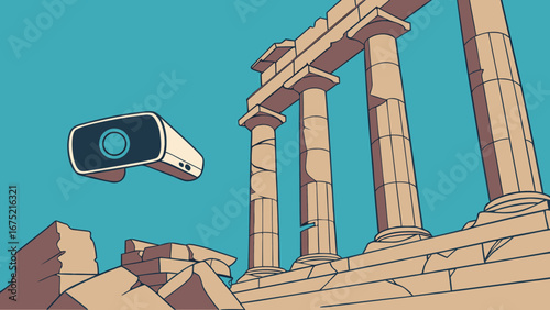 Virtual Reality Headset and Ancient Ruins:  A Futuristic Data Entry Concept Illustration