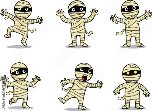 Cartoon mummy characters in beige bandages with expressive faces and poses, spooky Halloween vector illustration for kids, party, decoration, and festive design