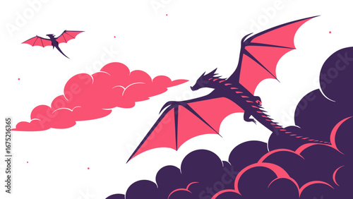 Stylized Dragons Soaring Through Clouds: Fantasy Illustration, Vector Graphic, Data Entry Concept