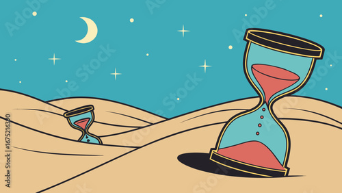 Retro Hourglass in Desert Landscape: Time Management, Data Entry Deadline Concept