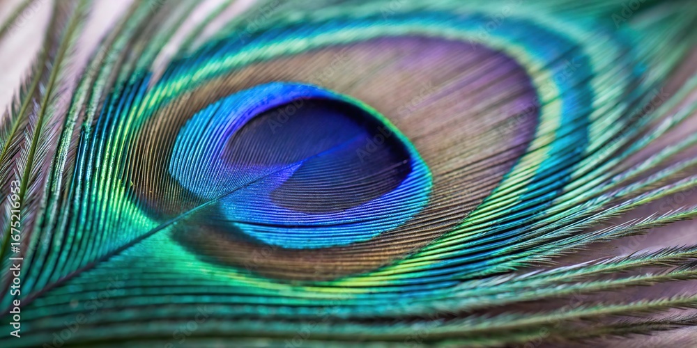 Obraz premium Close up macro view of a vibrant peacock feather eye detail