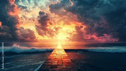 Pathway to Heaven Sunset over Ocean Dramatic Clouds.
