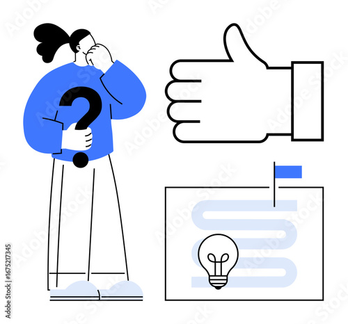 Person thinking while holding a question mark, nearby thumbs up, pathway to idea with flag. Ideal for decision making, problem solving, innovation, business goals, strategy, feedback simple landing