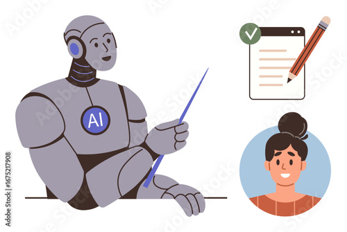AI robot holding pointer, guiding with checklist and pencil as tools, alongside attentive student. Ideal for education, learning, AI assistance, technology adoption, training, mentorship innovation