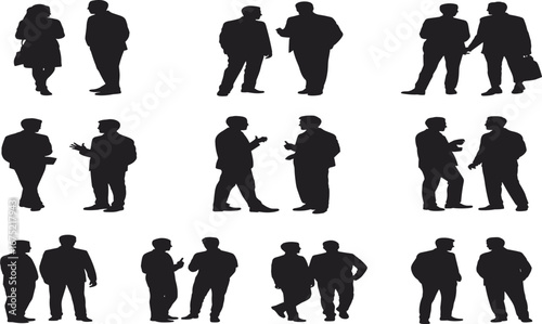 Businessmen silhouettes talking, communication vector set, corporate team interaction, formal discussion pose, people in suits, meeting illustration, talking gesture, professional conversation graphic