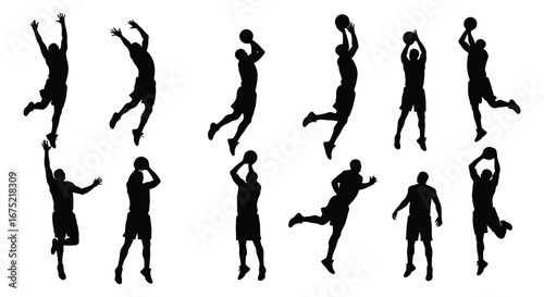 Silhouettes of basketball players in various jumping and throwing poses