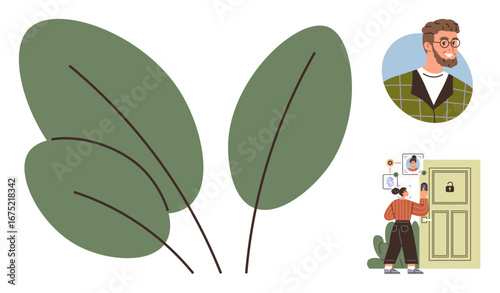 Green leaves, young man portrait, and person analyzing wall chart at door with lock. Ideal for nature, modern technology, connection, communication, individuality, growth concepts simple flat