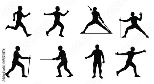 Silhouette of people performing various martial arts and sword fighting moves