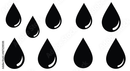 Eight black teardrop shapes with shiny highlights on a white background