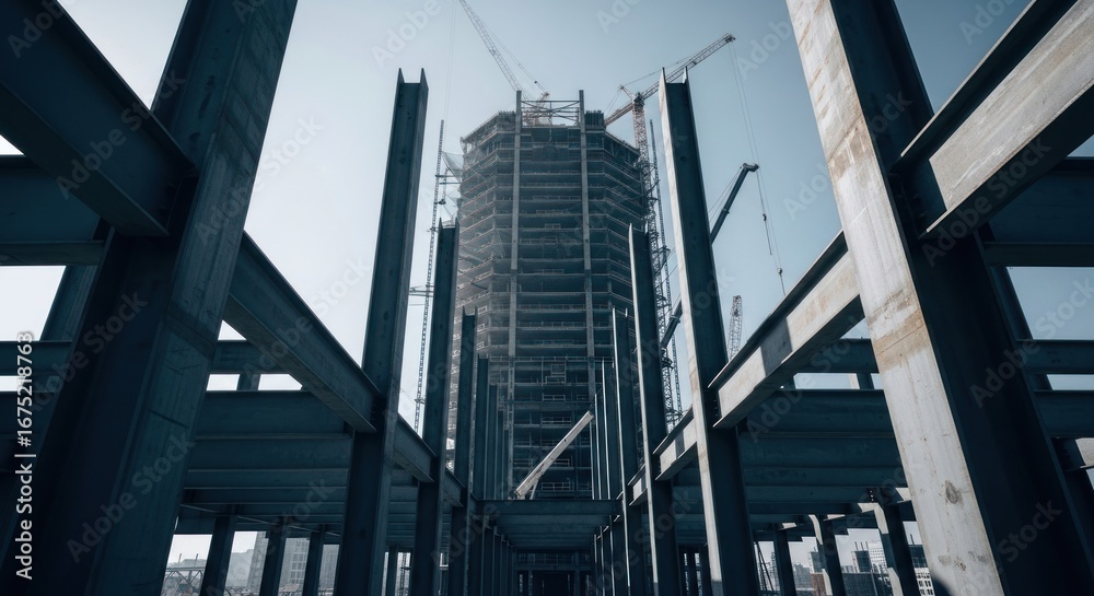 Fototapeta premium Skyscraper under construction, steel beams framework reaching toward the sky
