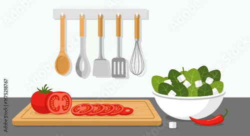 A vibrant illustration of healthy meal preparation. Freshly sliced tomatoes on a wooden board sit beside a crisp spinach and feta salad, with essential kitchen utensils ready for use.