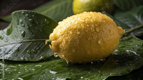 Macro closeup of fresh water drops on a yellow flower, resembling a sweet citrus dessert