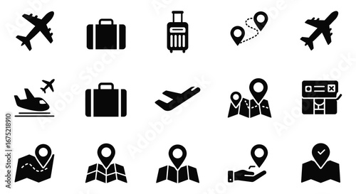 Travel and transportation icons in black and white