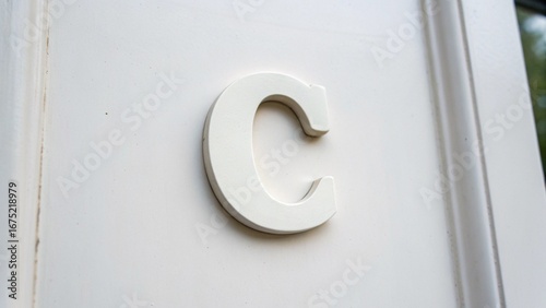 A metallic 3D five-letter alphabet symbol icon on a shiny silver door handle