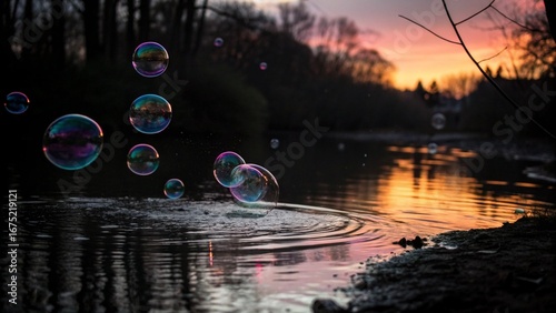 Reflections of the night city lights shimmer through a floating sphere of soapy water, a bubble holding a miniature world of blue and green