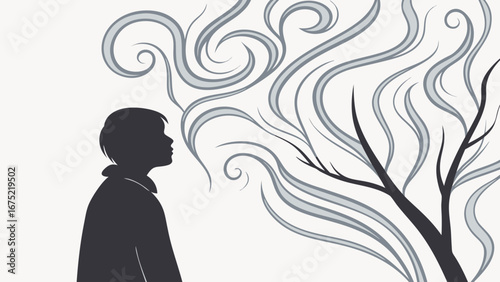 Silhouette of Man with Abstract Wind Swirls Illustration