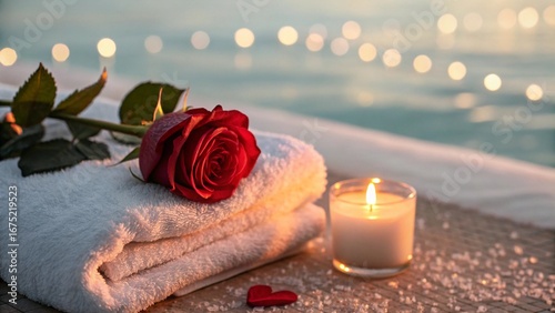 Candles and rose petals decorate a spa still life, evoking relaxation and aromatherapy