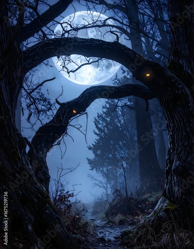A mysterious path winds through an enchanted and spooky forest under the light of a big full moon, with glowing eyes peering from the darkness